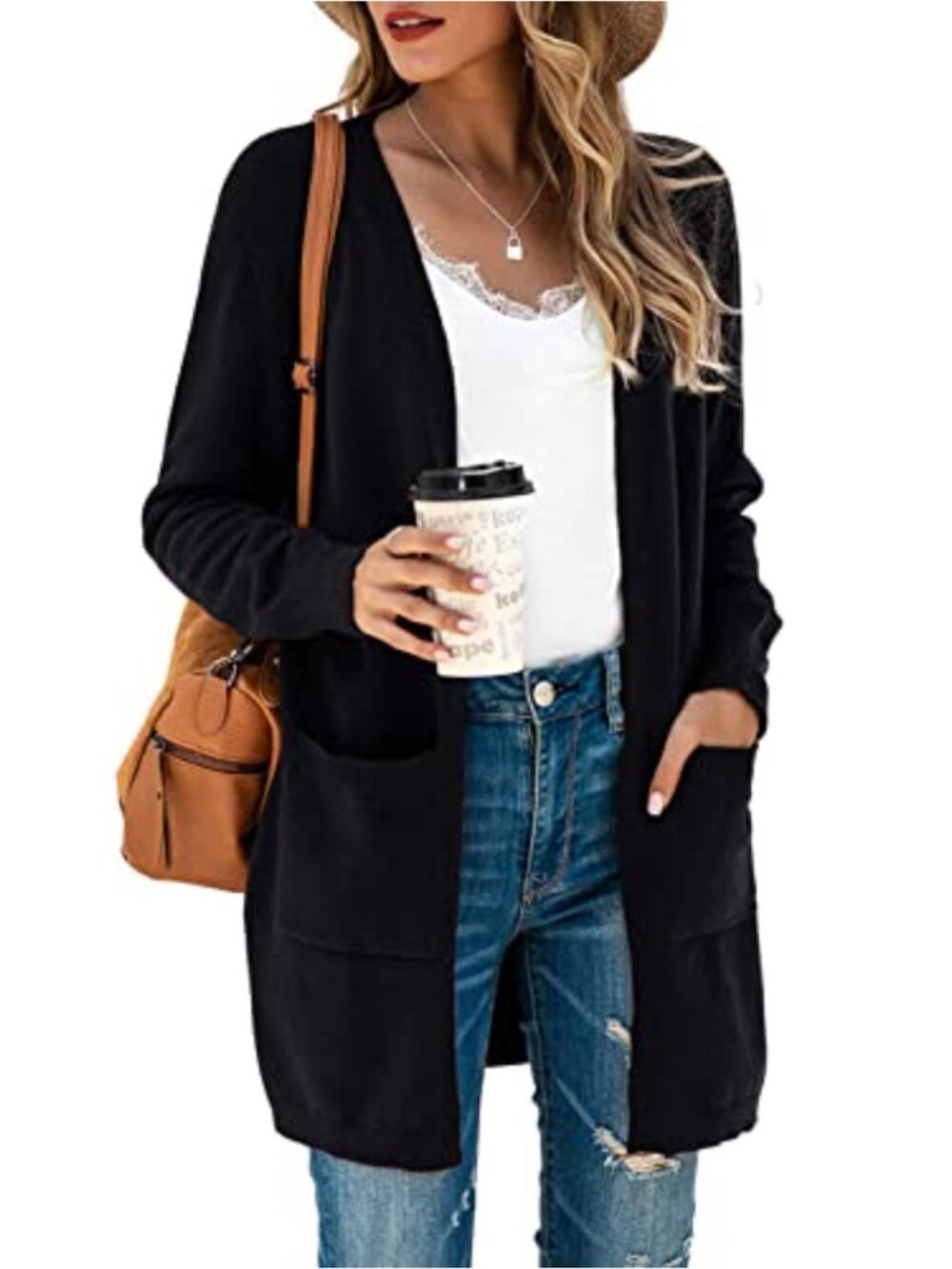 Open Front Cardigan with Pockets Side Split Draped Knit Sweater